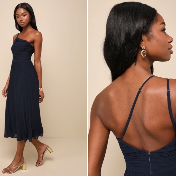LULUS Prom Wedding Special Event Sexy One Shoulder Flowy Navy Midi Dress NWOT - Picture 3 of 4